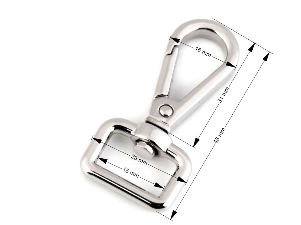 Strieborná otočná hranatá kovová karabína prievlak 15 mm (48mm x 23mm)