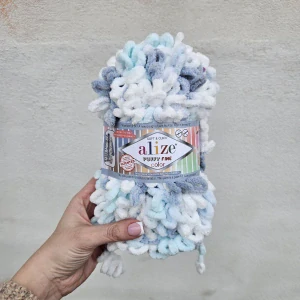 Puffy Fine Color 5939 - sivo bielo mentolová mäkká vlna s očkami