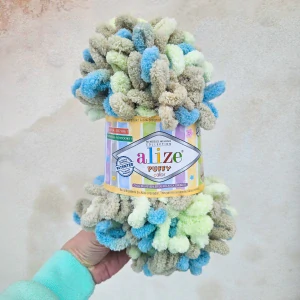 Puffy Color 8015 - zeleno bežovo modrá vlna s očkami