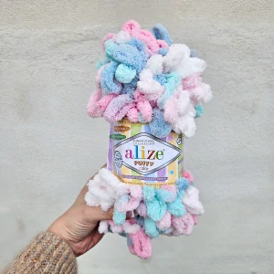 Puffy Color 6529 - Ružovo bielo mentol sivá vlna s očkami