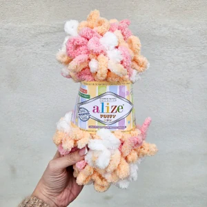 Puffy Color 6355 - lososovo marhuľovo biela vlna s očkami