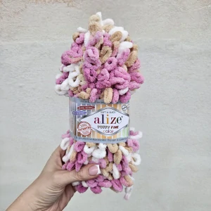 Puffy Fine Color 6402 - bielo bežovo fialová mäkká vlna s očkami