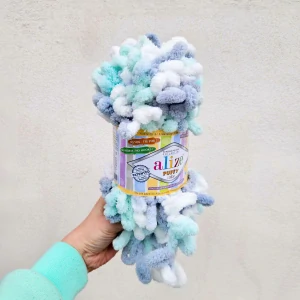 Puffy Color 6408 - Bielo sivo mentolovo zelená vlna s očkami
