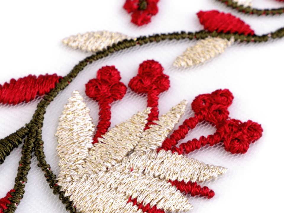 Kvetinovo maslovo červený vyšívaný prámik / vsádka na tyle šírka 60 mm