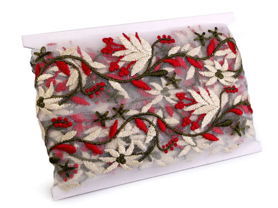 Kvetinovo maslovo červený vyšívaný prámik / vsádka na tyle šírka 60 mm